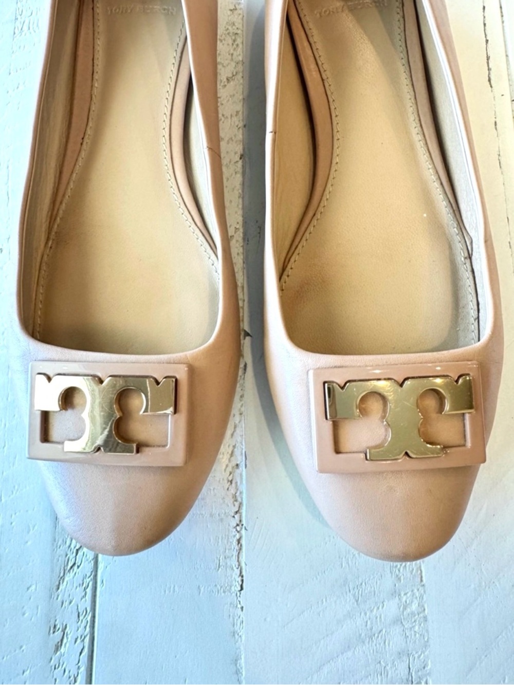 Tory Burch Ballet Flats Leather Logo Beige Size 8M - Picture 3 of 10